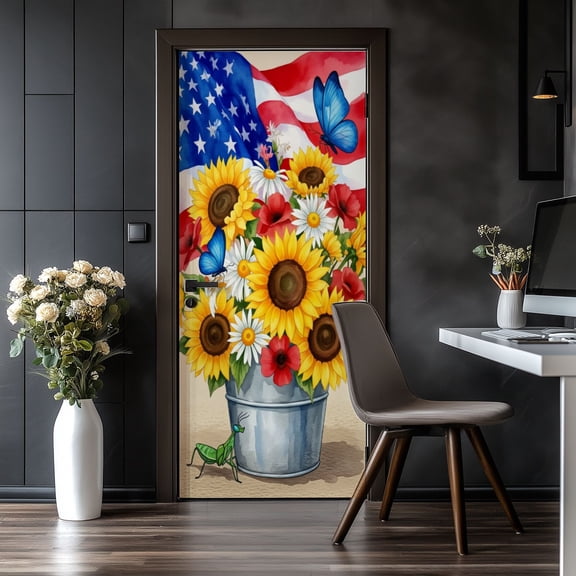 Door Stickers Peel and Stick Door Mural 4Th July Sunflower Patriotic American Flag Memorial Day Removable Wallpaper 30.3''x78.7'' Self-Adhesive Mural for Kitchen Living Room Bedroom Decor