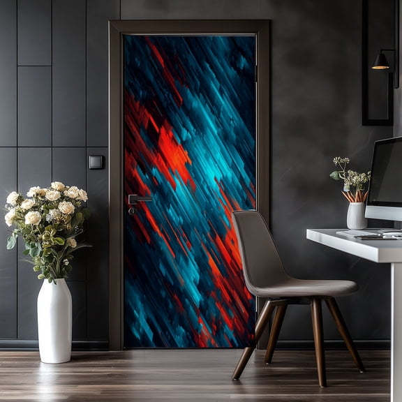 Door Stickers Peel and Stick Door Mural Abstract geometric Red neon bright blue lightnings Removable Wallpaper 30.3''x78.7'' Self-Adhesive Mural for Kitchen Living Room Bedroom Decor
