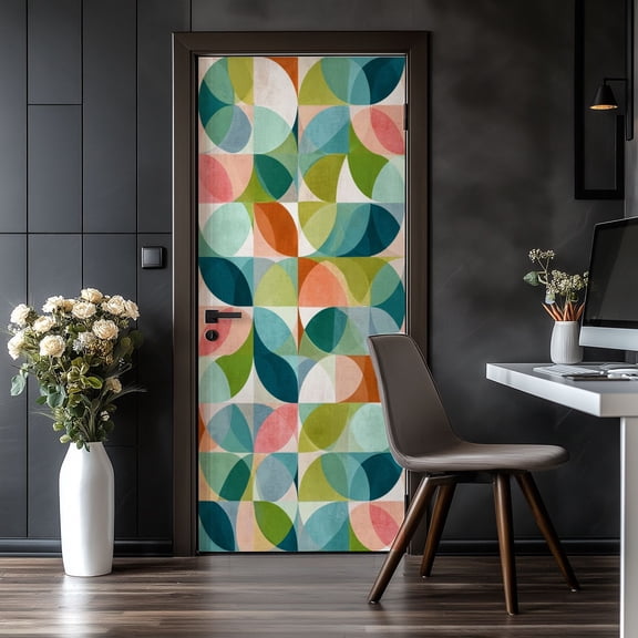Door Stickers Peel and Stick Door Mural Abstract geometric seamless mid century modern Removable Wallpaper 30.3''x78.7'' Self-Adhesive Mural for Kitchen Living Room Bedroom Decor
