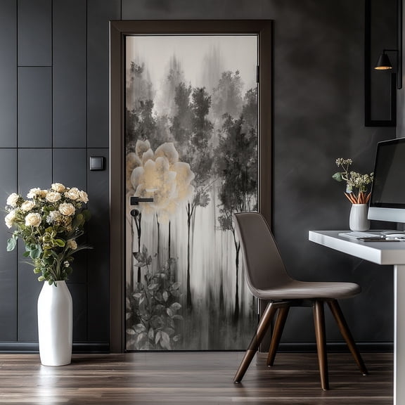 Door Stickers Peel and Stick Door Mural Abstract hand drawn nostalgic forest landscape art Removable Wallpaper 30.3''x78.7'' Self-Adhesive Mural for Kitchen Living Room Bedroom Decor