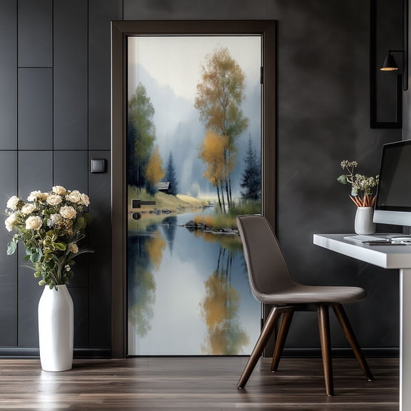 Door Stickers Peel and Stick Door Mural Autumn Landscape Fall Trees Lake Autumn Trees Removable Wallpaper 30.3''x78.7'' Self-Adhesive Mural for Kitchen Living Room Bedroom Decor