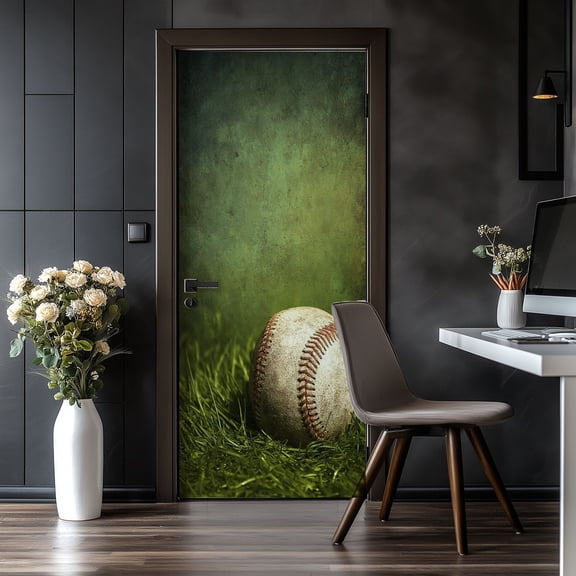 Door Stickers Peel and Stick Door Mural Baseball Field Ball Sport Grass Abstract Removable Wallpaper 30.3''x78.7'' Self-Adhesive Mural for Kitchen Living Room Bedroom Decor