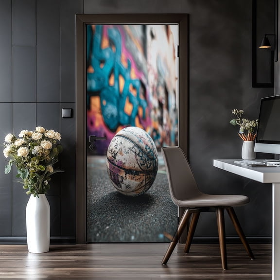 Door Stickers Peel and Stick Door Mural Basketball Retro Street Abstract Sports Man Cave Removable Wallpaper 30.3''x78.7'' Self-Adhesive Mural for Kitchen Living Room Bedroom Decor
