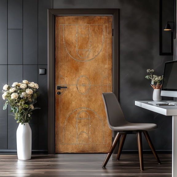 Door Stickers Peel and Stick Door Mural Basketball court Wooden floor painted line basket Removable Wallpaper 30.3''x78.7'' Self-Adhesive Mural for Kitchen Living Room Bedroom Decor