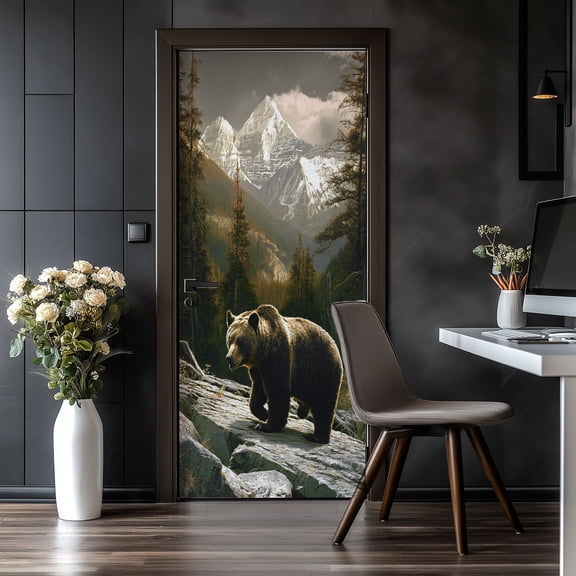 Door Stickers Peel and Stick Door Mural Bear Rocky Mountains hunting vintage wild animals Removable Wallpaper 30.3''x78.7'' Self-Adhesive Mural for Kitchen Living Room Bedroom Decor