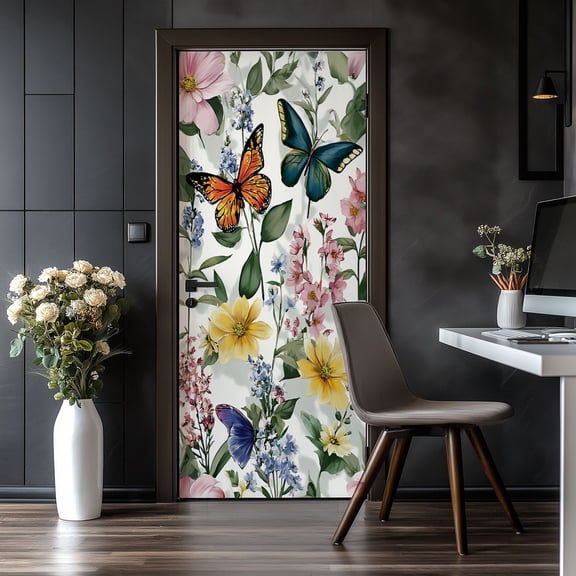 Door Stickers Peel and Stick Door Mural Beautiful butterfly watercolor nature vintage Removable Wallpaper 30.3''x78.7'' Self-Adhesive Mural for Kitchen Living Room Bedroom Decor
