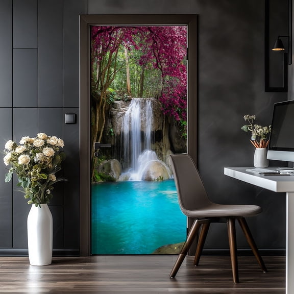 Door Stickers Peel and Stick Door Mural Beautiful waterfall forest Erawan National Park Removable Wallpaper 30.3''x78.7'' Self-Adhesive Mural for Kitchen Living Room Bedroom Decor