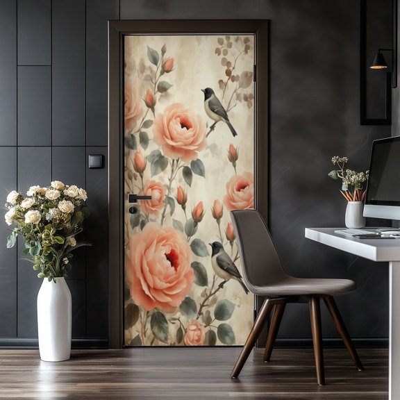 Door Stickers Peel and Stick Door Mural Birds Peach Roses Soft Watercolor Floral Rustic Removable Wallpaper 30.3''x78.7'' Self-Adhesive Mural for Kitchen Living Room Bedroom Decor