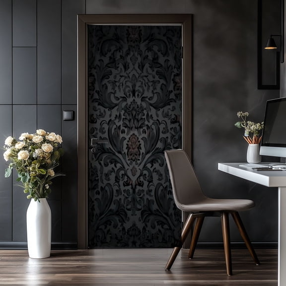 Door Stickers Peel and Stick Door Mural Black Kitchen Gothic Rich Baroque Damask Symmetrical Removable Wallpaper 30.3''x78.7'' Self-Adhesive Mural for Kitchen Living Room Bedroom Decor