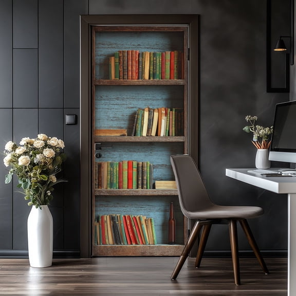 Door Stickers Peel and Stick Door Mural Bookshelf Book Bottle Brown Removable Wallpaper 30.3''x78.7'' Self-Adhesive Mural for Kitchen Living Room Bedroom Decor