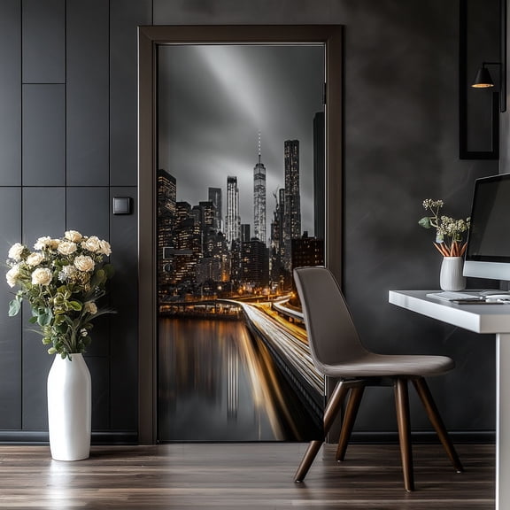 Door Stickers Peel and Stick Door Mural Brooklyn Bridge New York City Night Scene Black Removable Wallpaper 30.3''x78.7'' Self-Adhesive Mural for Kitchen Living Room Bedroom Decor