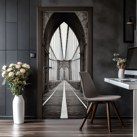 Door Stickers Peel and Stick Door Mural Brooklyn Bridge New York City Suspension Cables Removable Wallpaper 30.3''x78.7'' Self-Adhesive Mural for Kitchen Living Room Bedroom Decor