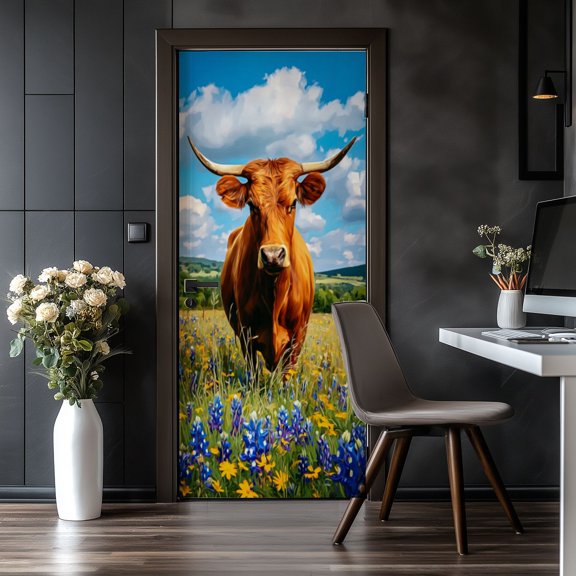 Door Stickers Peel and Stick Door Mural Brown Cow Field Wildflowers Blue Sky Clouds Removable Wallpaper 30.3''x78.7'' Self-Adhesive Mural for Kitchen Living Room Bedroom Decor