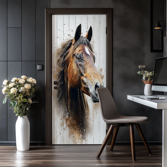 Door Stickers Peel and Stick Door Mural Brown Horse Rustic Wood Plank Effect Animal Removable Wallpaper 30.3''x78.7'' Self-Adhesive Mural for Kitchen Living Room Bedroom Decor