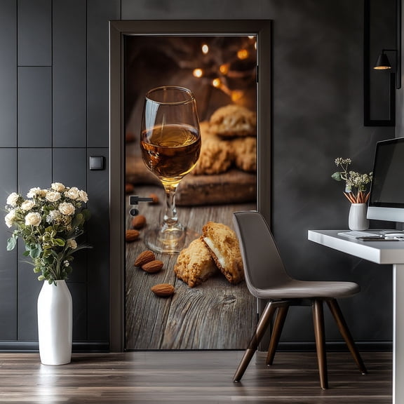 Door Stickers Peel and Stick Door Mural Cantuccini glass Italian dessert wine Removable Wallpaper 30.3''x78.7'' Self-Adhesive Mural for Kitchen Living Room Bedroom Decor