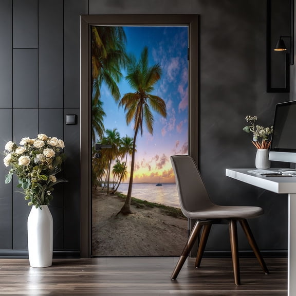 Door Stickers Peel and Stick Door Mural Champagne Cove Palm Tree Beach Coastal Removable Wallpaper 30.3''x78.7'' Self-Adhesive Mural for Kitchen Living Room Bedroom Decor