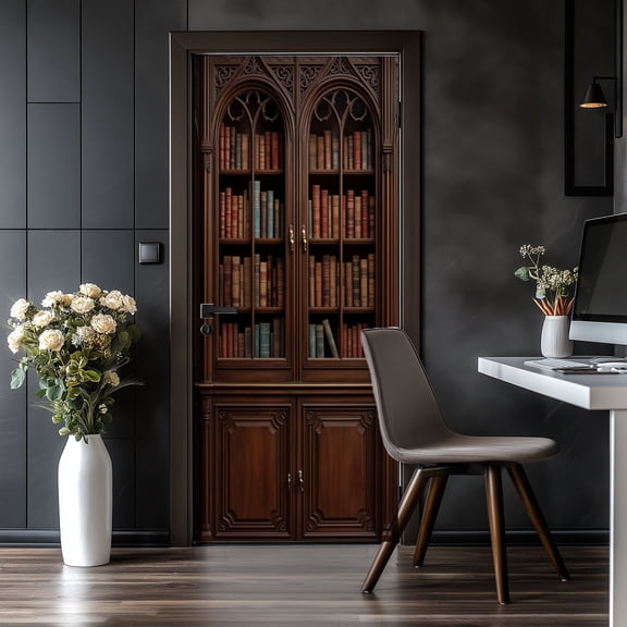 Door Stickers Peel and Stick Door Mural Classic Wooden Bookcase Filled Vintage Bookworm Gifts Removable Wallpaper 30.3''x78.7'' Self-Adhesive Mural for Kitchen Living Room Bedroom Decor
