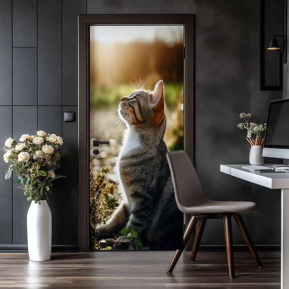 Door Stickers Peel and Stick Door Mural Close up portrait cute cat sunset Removable Wallpaper 30.3''x78.7'' Self-Adhesive Mural for Kitchen Living Room Bedroom Decor