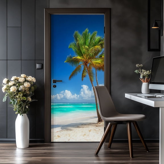Door Stickers Peel and Stick Door Mural Coconut Palm trees white sandy beach Coastal Removable Wallpaper 30.3''x78.7'' Self-Adhesive Mural for Kitchen Living Room Bedroom Decor