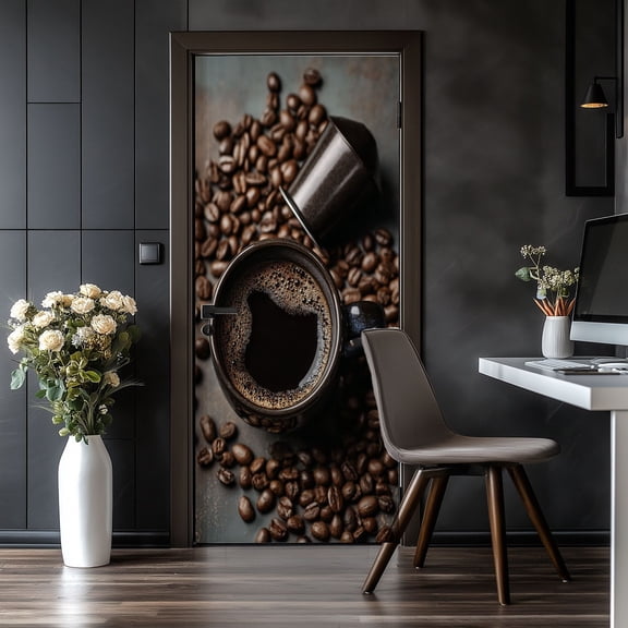 Door Stickers Peel and Stick Door Mural Coffee Coffee Bean kitchen Removable Wallpaper 30.3''x78.7'' Self-Adhesive Mural for Kitchen Living Room Bedroom Decor