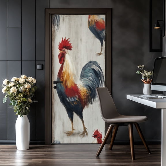 Door Stickers Peel and Stick Door Mural Colorful Roosters Artistic Brushstroke Style Rustic Removable Wallpaper 30.3''x78.7'' Self-Adhesive Mural for Kitchen Living Room Bedroom Decor