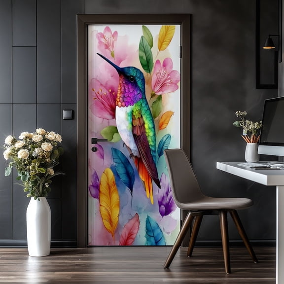 Door Stickers Peel and Stick Door Mural Country Colorful Bird Watercolor Feathers Hummingbirds Removable Wallpaper 30.3''x78.7'' Self-Adhesive Mural for Kitchen Living Room Bedroom Decor