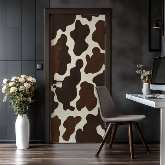 Door Stickers Peel and Stick Door Mural Cow skin Print animal hide brown spots white Removable Wallpaper 30.3''x78.7'' Self-Adhesive Mural for Kitchen Living Room Bedroom Decor
