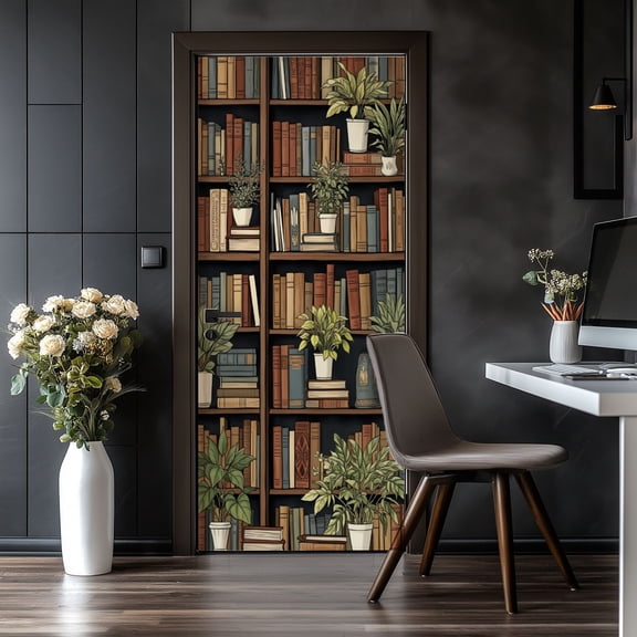 Door Stickers Peel and Stick Door Mural Cozy Bookshelf Plants Vintage Books Bookworm Gifts Removable Wallpaper 30.3''x78.7'' Self-Adhesive Mural for Kitchen Living Room Bedroom Decor