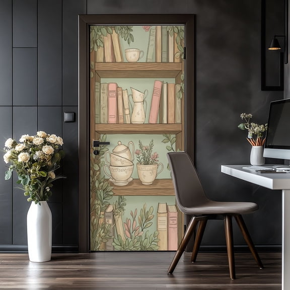 Door Stickers Peel and Stick Door Mural Cozy Vintage Bookshelf Teacups Pitchers Plants Soft Removable Wallpaper 30.3''x78.7'' Self-Adhesive Mural for Kitchen Living Room Bedroom Decor