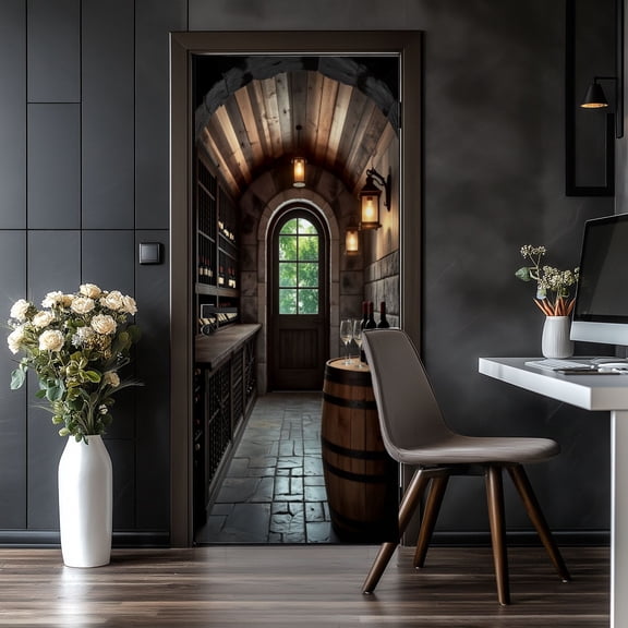 Door Stickers Peel and Stick Door Mural Cozy Wine Cellar Interior Wooden Barrel Bottles Removable Wallpaper 30.3''x78.7'' Self-Adhesive Mural for Kitchen Living Room Bedroom Decor