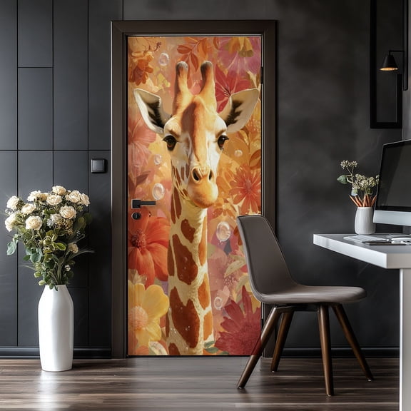 Door Stickers Peel and Stick Door Mural Cute Giraffe Floral Garden Vibrant Flowers Bright Removable Wallpaper 30.3''x78.7'' Self-Adhesive Mural for Kitchen Living Room Bedroom Decor