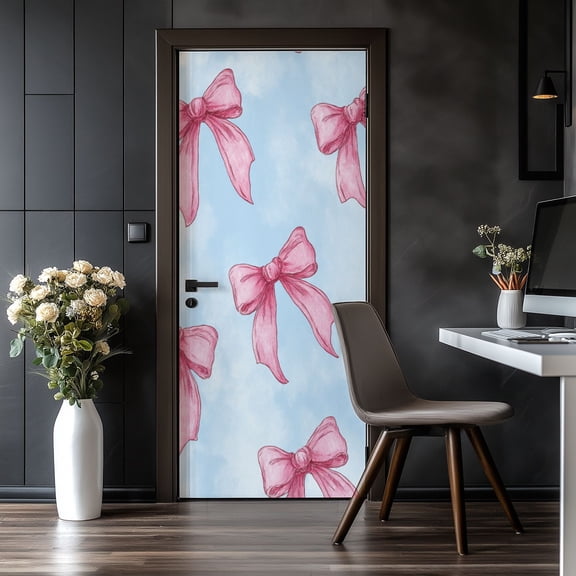 Door Stickers Peel and Stick Door Mural Cute pink checkered bows Watercolor white Removable Wallpaper 30.3''x78.7'' Self-Adhesive Mural for Kitchen Living Room Bedroom Decor