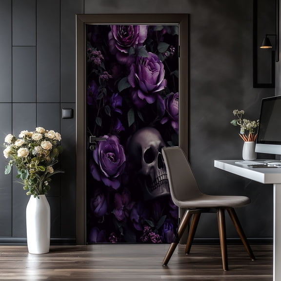 Door Stickers Peel and Stick Door Mural Dark Gothic Roses Skulls Purple Floral Removable Wallpaper 30.3''x78.7'' Self-Adhesive Mural for Kitchen Living Room Bedroom Decor