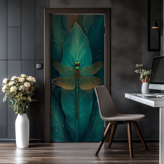 Door Stickers Peel and Stick Door Mural Dark Green Dragonfly Bioluminescent Tropical Removable Wallpaper 30.3''x78.7'' Self-Adhesive Mural for Kitchen Living Room Bedroom Decor