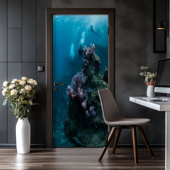 Door Stickers Peel and Stick Door Mural Divers Rocky Coral Adventure Animal Wildlife Removable Wallpaper 30.3''x78.7'' Self-Adhesive Mural for Kitchen Living Room Bedroom Decor