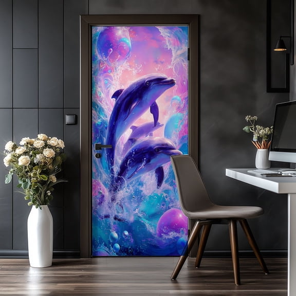 Door Stickers Peel and Stick Door Mural Dolphins Swimming Colorful Ocean Waves Marine Life Removable Wallpaper 30.3''x78.7'' Self-Adhesive Mural for Kitchen Living Room Bedroom Decor