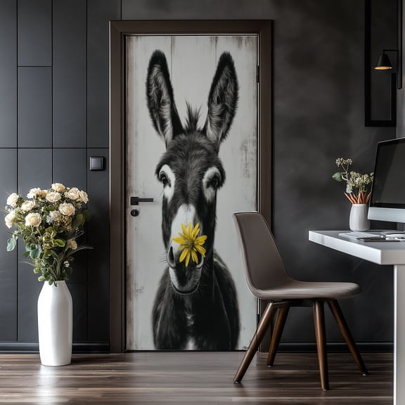 Door Stickers Peel and Stick Door Mural Donkey Yellow Flower Mouth Wooden Removable Wallpaper 30.3''x78.7'' Self-Adhesive Mural for Kitchen Living Room Bedroom Decor