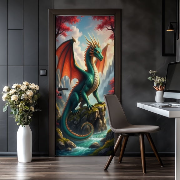 Door Stickers Peel and Stick Door Mural Dragon Fantasy Emerald Scales Fiery Wings Mountain Removable Wallpaper 30.3''x78.7'' Self-Adhesive Mural for Kitchen Living Room Bedroom Decor