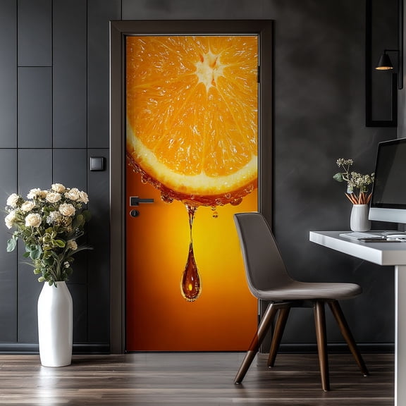 Door Stickers Peel and Stick Door Mural Droplet orange juice dripping from slice orange Removable Wallpaper 30.3''x78.7'' Self-Adhesive Mural for Kitchen Living Room Bedroom Decor