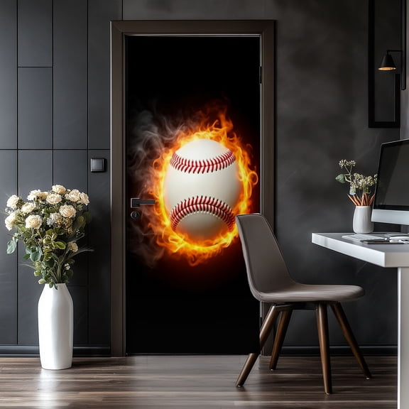Door Stickers Peel and Stick Door Mural Dynamic Baseball Fiery Flames Dark Sports Lovers Removable Wallpaper 30.3''x78.7'' Self-Adhesive Mural for Kitchen Living Room Bedroom Decor