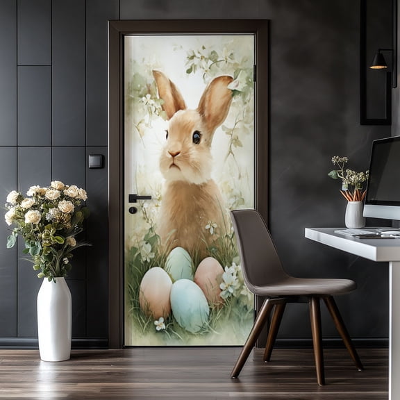 Door Stickers Peel and Stick Door Mural Easter Bunny Rabbit Pastel Eggs Pastel Spring Removable Wallpaper 30.3''x78.7'' Self-Adhesive Mural for Kitchen Living Room Bedroom Decor