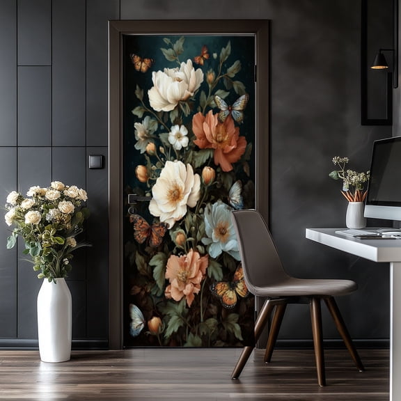 Door Stickers Peel and Stick Door Mural Elegant Floral Bouquet Butterflies Soft Pastel Removable Wallpaper 30.3''x78.7'' Self-Adhesive Mural for Kitchen Living Room Bedroom Decor
