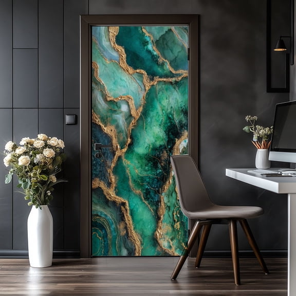 Door Stickers Peel and Stick Door Mural Emerald Green Gemstone Golden Floral Accents Removable Wallpaper 30.3''x78.7'' Self-Adhesive Mural for Kitchen Living Room Bedroom Decor