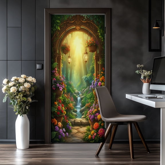 Door Stickers Peel and Stick Door Mural Enchanting Garden Flowers Waterfall Magical Removable Wallpaper 30.3''x78.7'' Self-Adhesive Mural for Kitchen Living Room Bedroom Decor