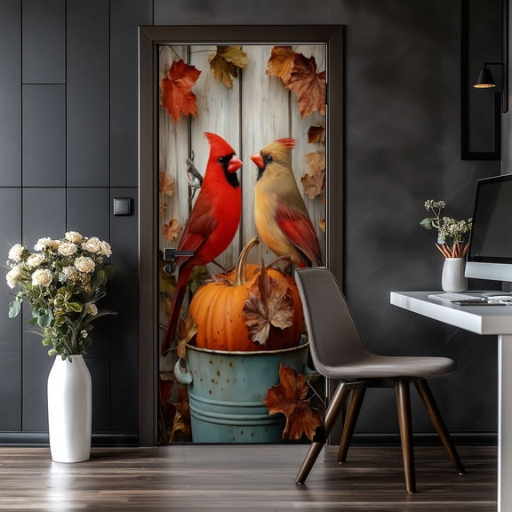 Door Stickers Peel and Stick Door Mural Fall Autumn Leaf Modern Cardinals Autumn Leaves Removable Wallpaper 30.3''x78.7'' Self-Adhesive Mural for Kitchen Living Room Bedroom Decor