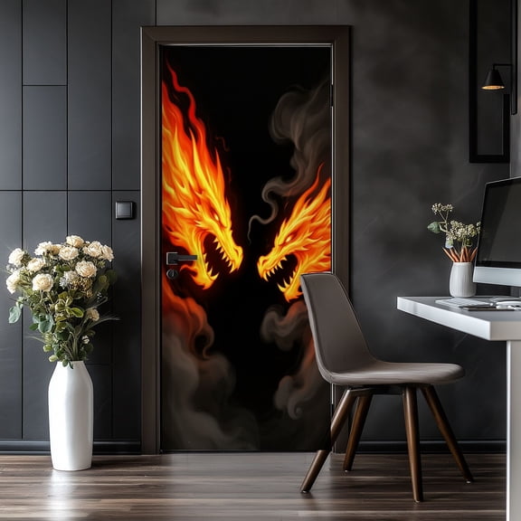 Door Stickers Peel and Stick Door Mural Fiery Dragons Flames mythical fantasy Removable Wallpaper 30.3''x78.7'' Self-Adhesive Mural for Kitchen Living Room Bedroom Decor