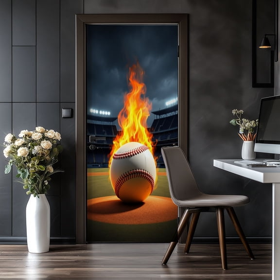 Door Stickers Peel and Stick Door Mural Flaming Baseball Field Dramatic Sports Lovers Removable Wallpaper 30.3''x78.7'' Self-Adhesive Mural for Kitchen Living Room Bedroom Decor