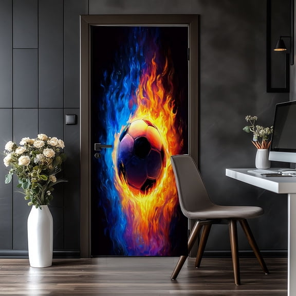 Door Stickers Peel and Stick Door Mural Flaming Soccer Ball Sports Bold Fire Bedroom Living Removable Wallpaper 30.3''x78.7'' Self-Adhesive Mural for Kitchen Living Room Bedroom Decor