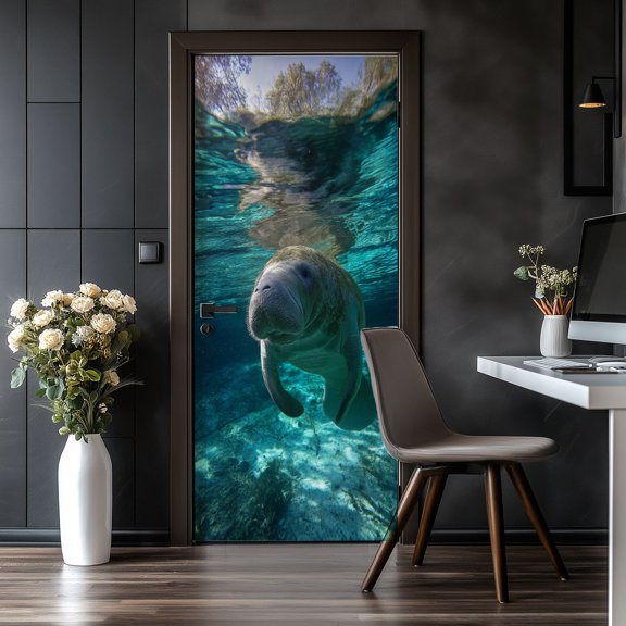 Door Stickers Peel and Stick Door Mural Florida Manatee Swimming Spring Water Removable Wallpaper 30.3''x78.7'' Self-Adhesive Mural for Kitchen Living Room Bedroom Decor