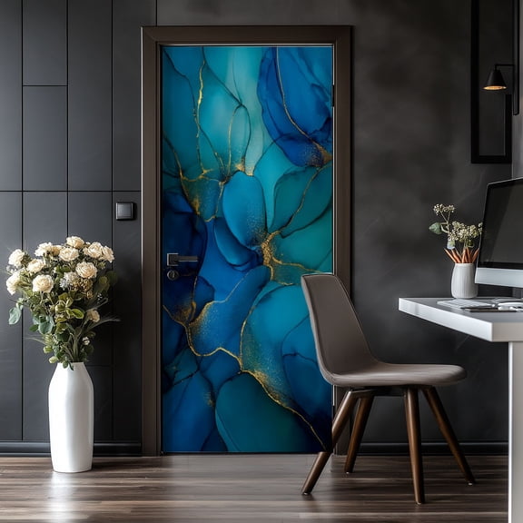 Door Stickers Peel and Stick Door Mural Foil Blue Ink Paint Green Marble Watercolor Light Removable Wallpaper 30.3''x78.7'' Self-Adhesive Mural for Kitchen Living Room Bedroom Decor